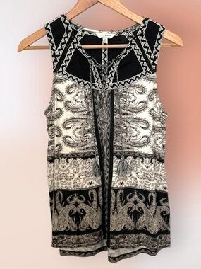 Lucky Brand Boho Paisley Black Gray Sleeveless Cotton Blend Top Size S